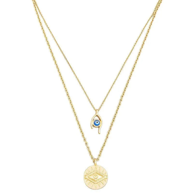 Two Layer Evil Eye Coin Charm Necklace
