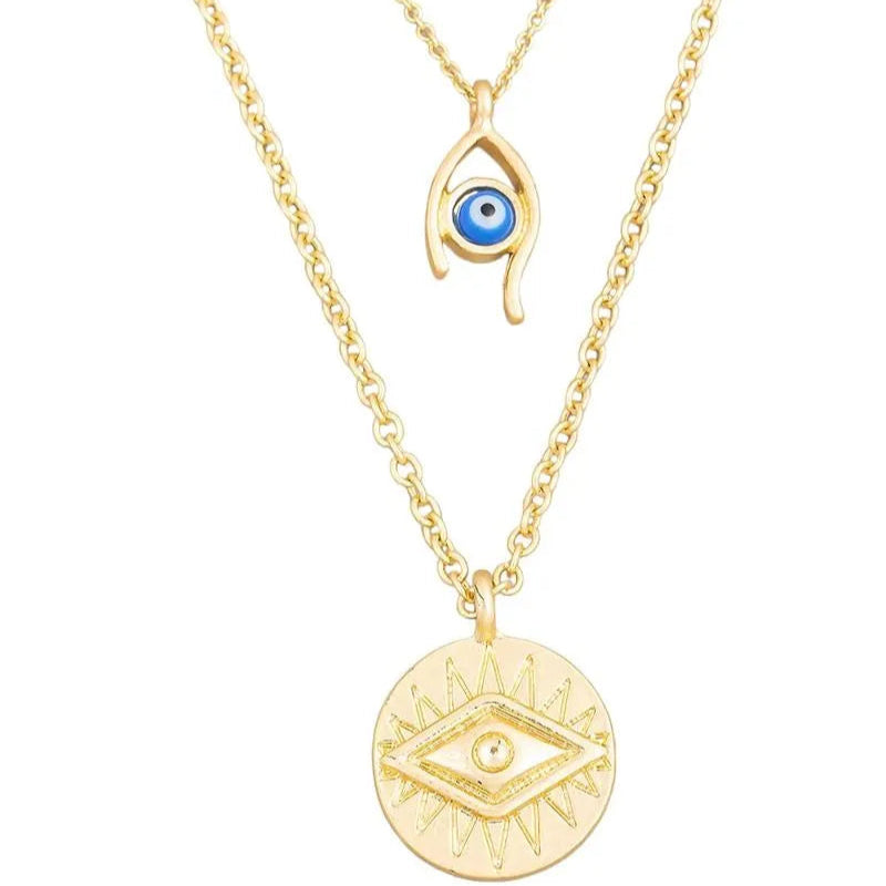 Two Layer Evil Eye Coin Charm Necklace