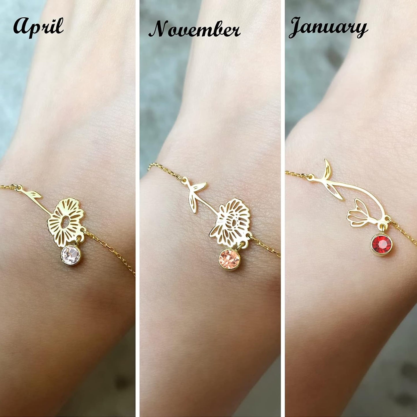 Birth Flower Bracelets, 14K Gold Plated Birth Month Floral Birthstone Charm Bracelets Wildflower Birthflower Jewelry Birthday Gifts for Women