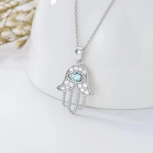925 Sterling Silver Necklace Famati Hand with Blue Crystal Jewelry Gift for Women