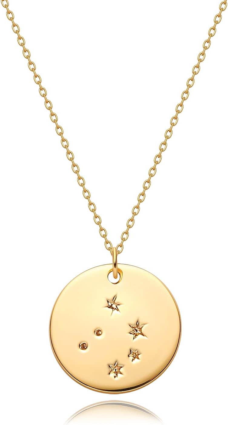 Gold Necklace Coin Disc Zodiac 12 Constellation Star Connected Engraved Horoscope Sign Astrology Pendant 18K Gold Plated Chain Dainty Personalized Simple Jewelry