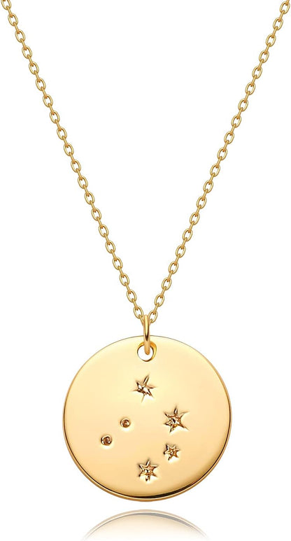 Gold Necklace Coin Disc Zodiac 12 Constellation Star Connected Engraved Horoscope Sign Astrology Pendant 18K Gold Plated Chain Dainty Personalized Simple Jewelry