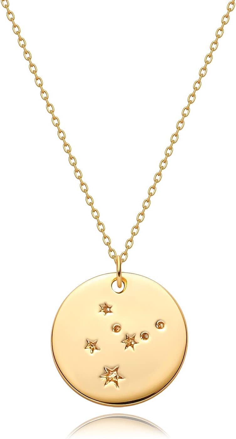 Gold Necklace Coin Disc Zodiac 12 Constellation Star Connected Engraved Horoscope Sign Astrology Pendant 18K Gold Plated Chain Dainty Personalized Simple Jewelry