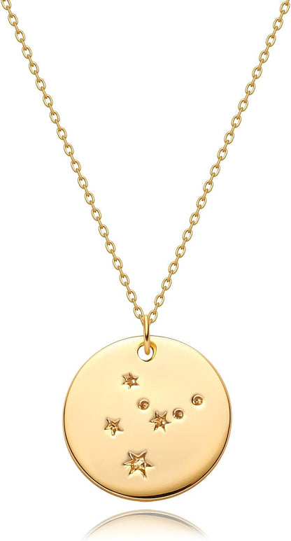 Gold Necklace Coin Disc Zodiac 12 Constellation Star Connected Engraved Horoscope Sign Astrology Pendant 18K Gold Plated Chain Dainty Personalized Simple Jewelry