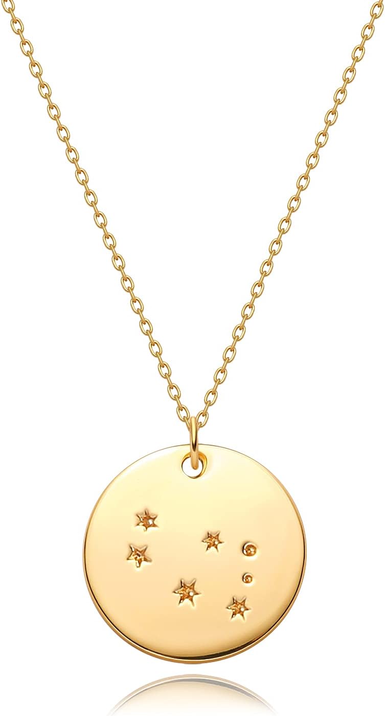 Gold Necklace Coin Disc Zodiac 12 Constellation Star Connected Engraved Horoscope Sign Astrology Pendant 18K Gold Plated Chain Dainty Personalized Simple Jewelry