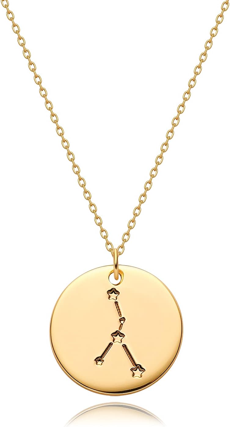 Gold Necklace Coin Disc Zodiac 12 Constellation Star Connected Engraved Horoscope Sign Astrology Pendant 18K Gold Plated Chain Dainty Personalized Simple Jewelry
