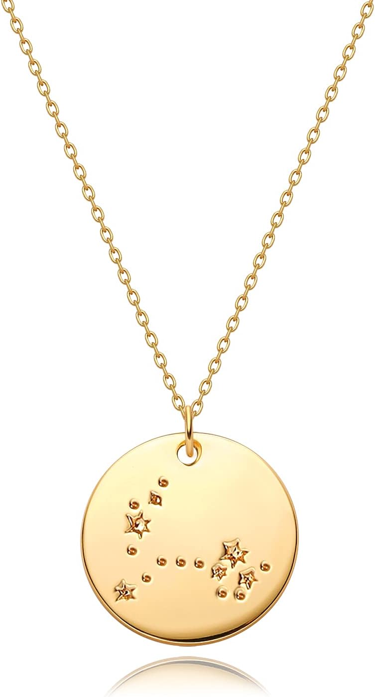 Gold Necklace Coin Disc Zodiac 12 Constellation Star Connected Engraved Horoscope Sign Astrology Pendant 18K Gold Plated Chain Dainty Personalized Simple Jewelry