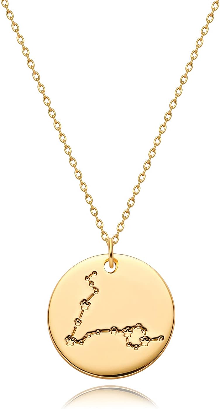 Gold Necklace Coin Disc Zodiac 12 Constellation Star Connected Engraved Horoscope Sign Astrology Pendant 18K Gold Plated Chain Dainty Personalized Simple Jewelry