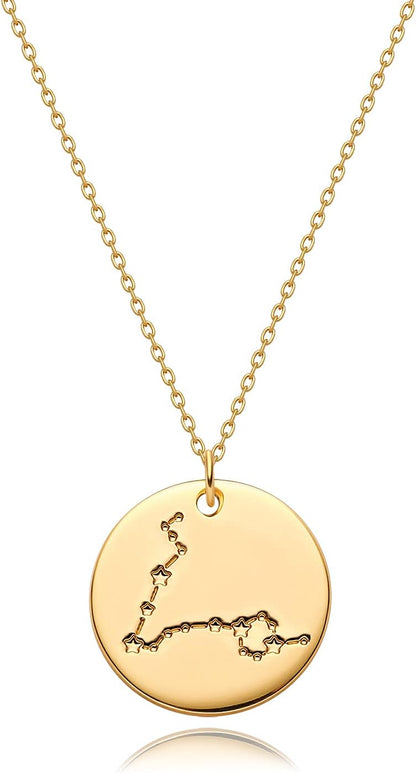 Gold Necklace Coin Disc Zodiac 12 Constellation Star Connected Engraved Horoscope Sign Astrology Pendant 18K Gold Plated Chain Dainty Personalized Simple Jewelry