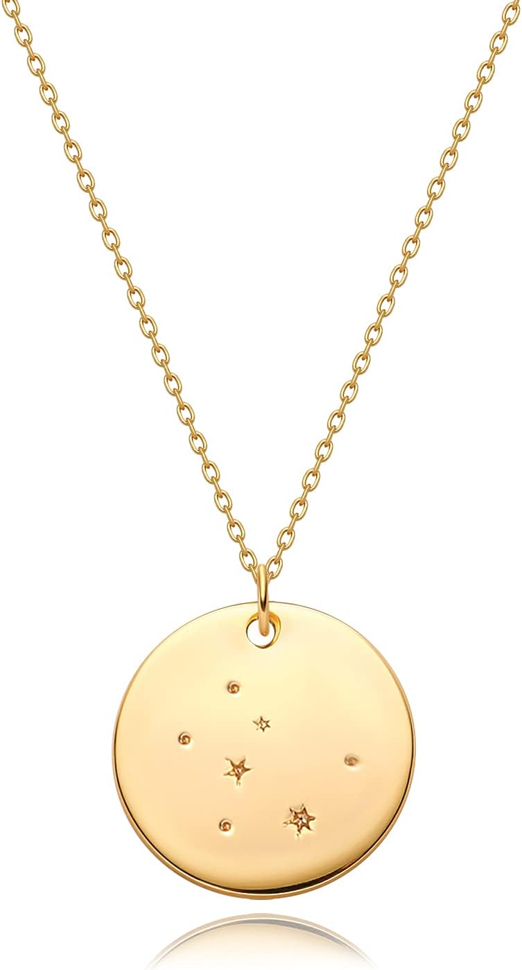 Gold Necklace Coin Disc Zodiac 12 Constellation Star Connected Engraved Horoscope Sign Astrology Pendant 18K Gold Plated Chain Dainty Personalized Simple Jewelry