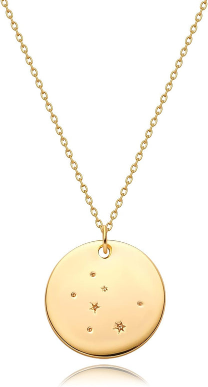 Gold Necklace Coin Disc Zodiac 12 Constellation Star Connected Engraved Horoscope Sign Astrology Pendant 18K Gold Plated Chain Dainty Personalized Simple Jewelry