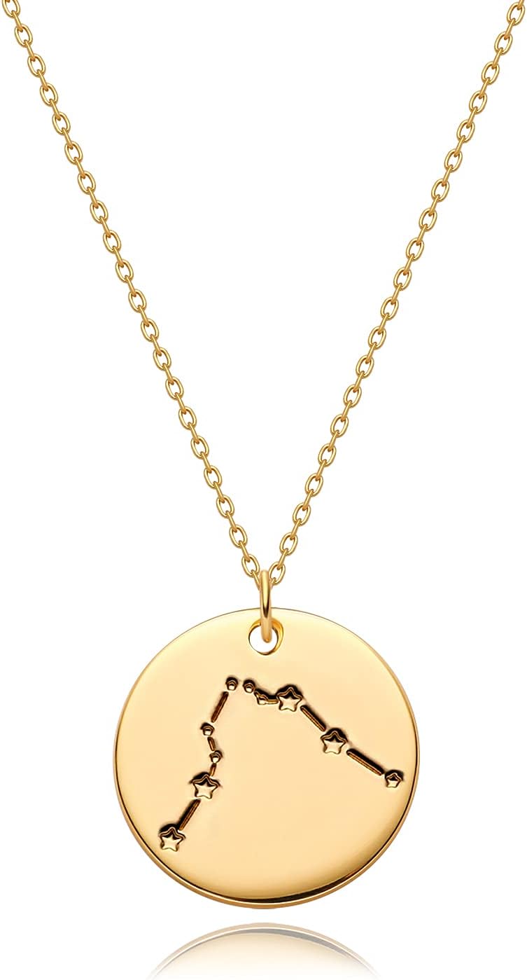 Gold Necklace Coin Disc Zodiac 12 Constellation Star Connected Engraved Horoscope Sign Astrology Pendant 18K Gold Plated Chain Dainty Personalized Simple Jewelry