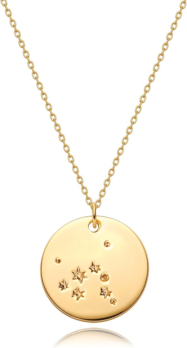Gold Necklace Coin Disc Zodiac 12 Constellation Star Connected Engraved Horoscope Sign Astrology Pendant 18K Gold Plated Chain Dainty Personalized Simple Jewelry