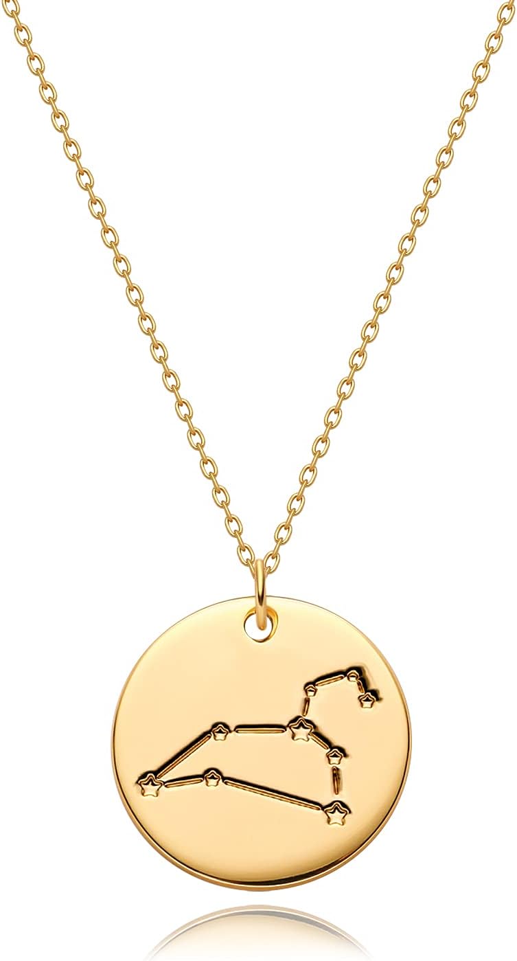 Gold Necklace Coin Disc Zodiac 12 Constellation Star Connected Engraved Horoscope Sign Astrology Pendant 18K Gold Plated Chain Dainty Personalized Simple Jewelry