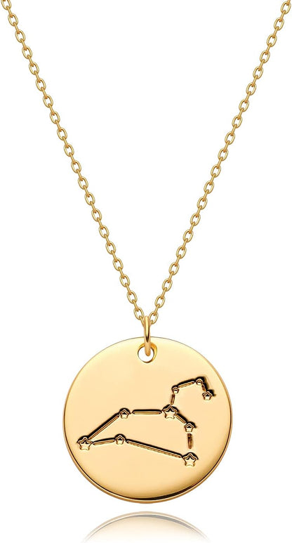 Gold Necklace Coin Disc Zodiac 12 Constellation Star Connected Engraved Horoscope Sign Astrology Pendant 18K Gold Plated Chain Dainty Personalized Simple Jewelry