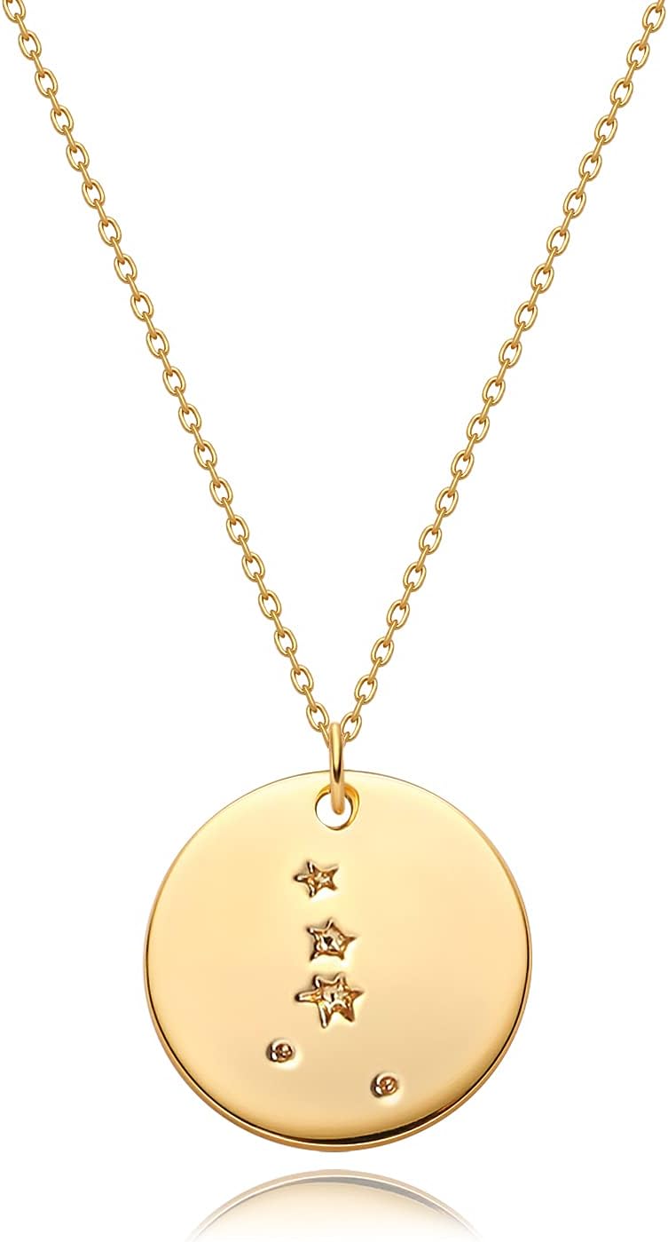 Gold Necklace Coin Disc Zodiac 12 Constellation Star Connected Engraved Horoscope Sign Astrology Pendant 18K Gold Plated Chain Dainty Personalized Simple Jewelry