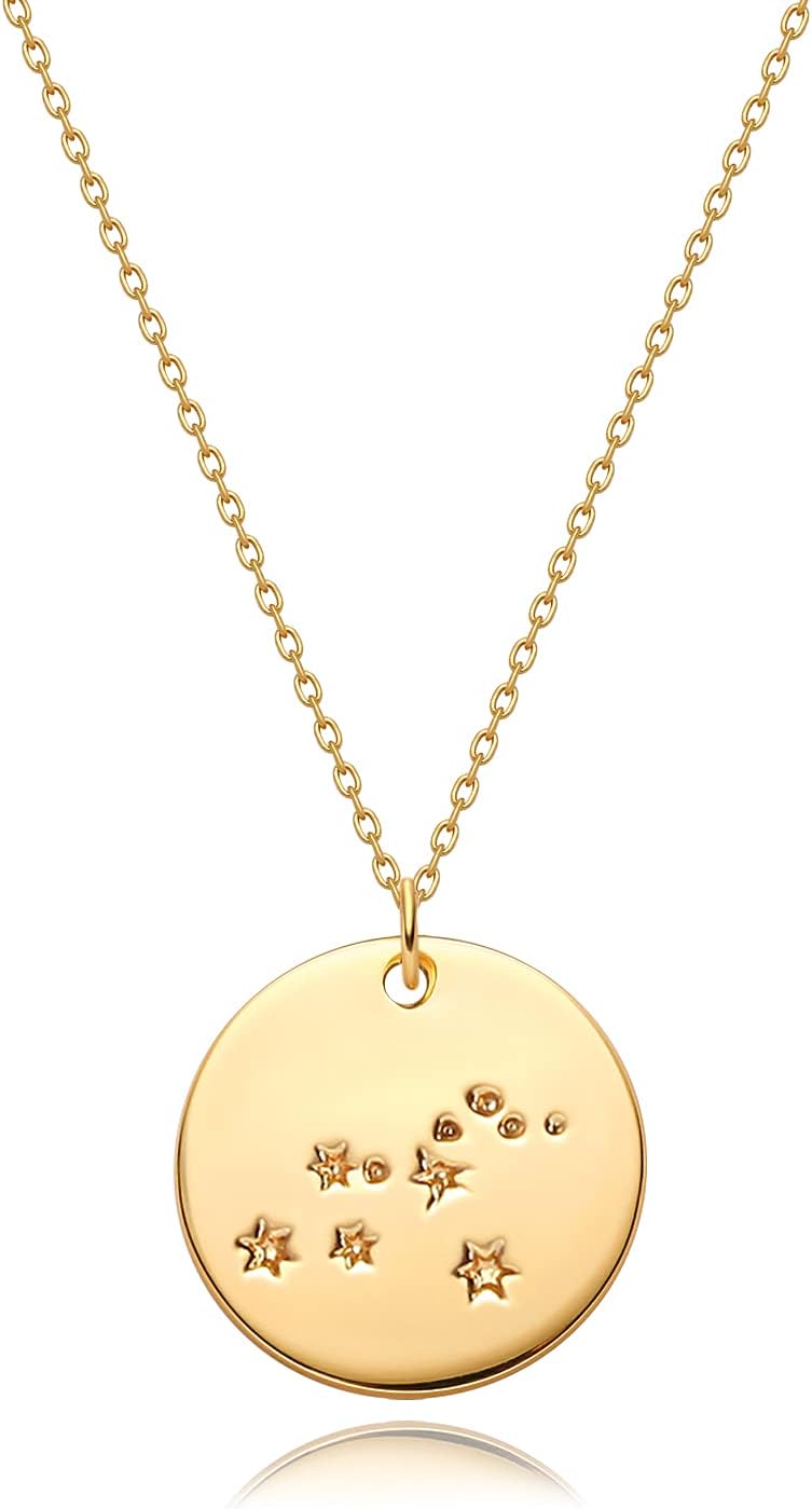 Gold Necklace Coin Disc Zodiac 12 Constellation Star Connected Engraved Horoscope Sign Astrology Pendant 18K Gold Plated Chain Dainty Personalized Simple Jewelry