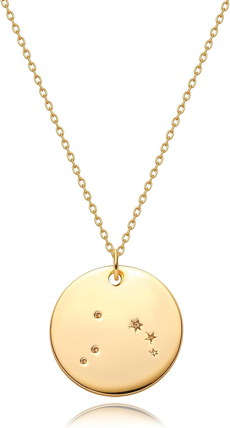 Gold Necklace Coin Disc Zodiac 12 Constellation Star Connected Engraved Horoscope Sign Astrology Pendant 18K Gold Plated Chain Dainty Personalized Simple Jewelry