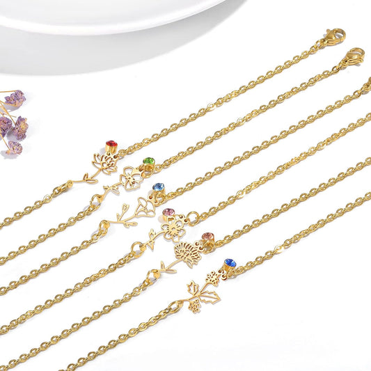 Birth Flower Bracelets, 14K Gold Plated Birth Month Floral Birthstone Charm Bracelets Wildflower Birthflower Jewelry Birthday Gifts for Women