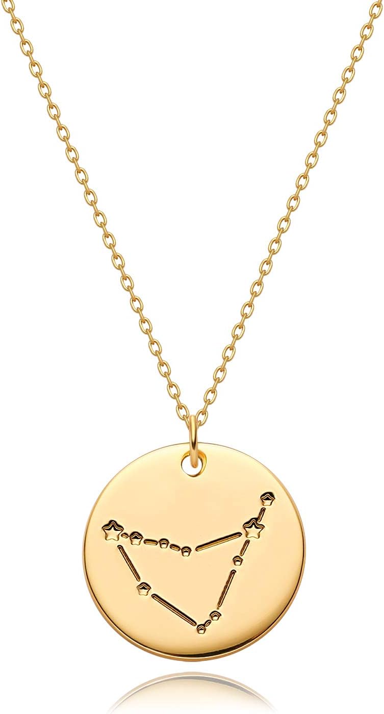 Gold Necklace Coin Disc Zodiac 12 Constellation Star Connected Engraved Horoscope Sign Astrology Pendant 18K Gold Plated Chain Dainty Personalized Simple Jewelry