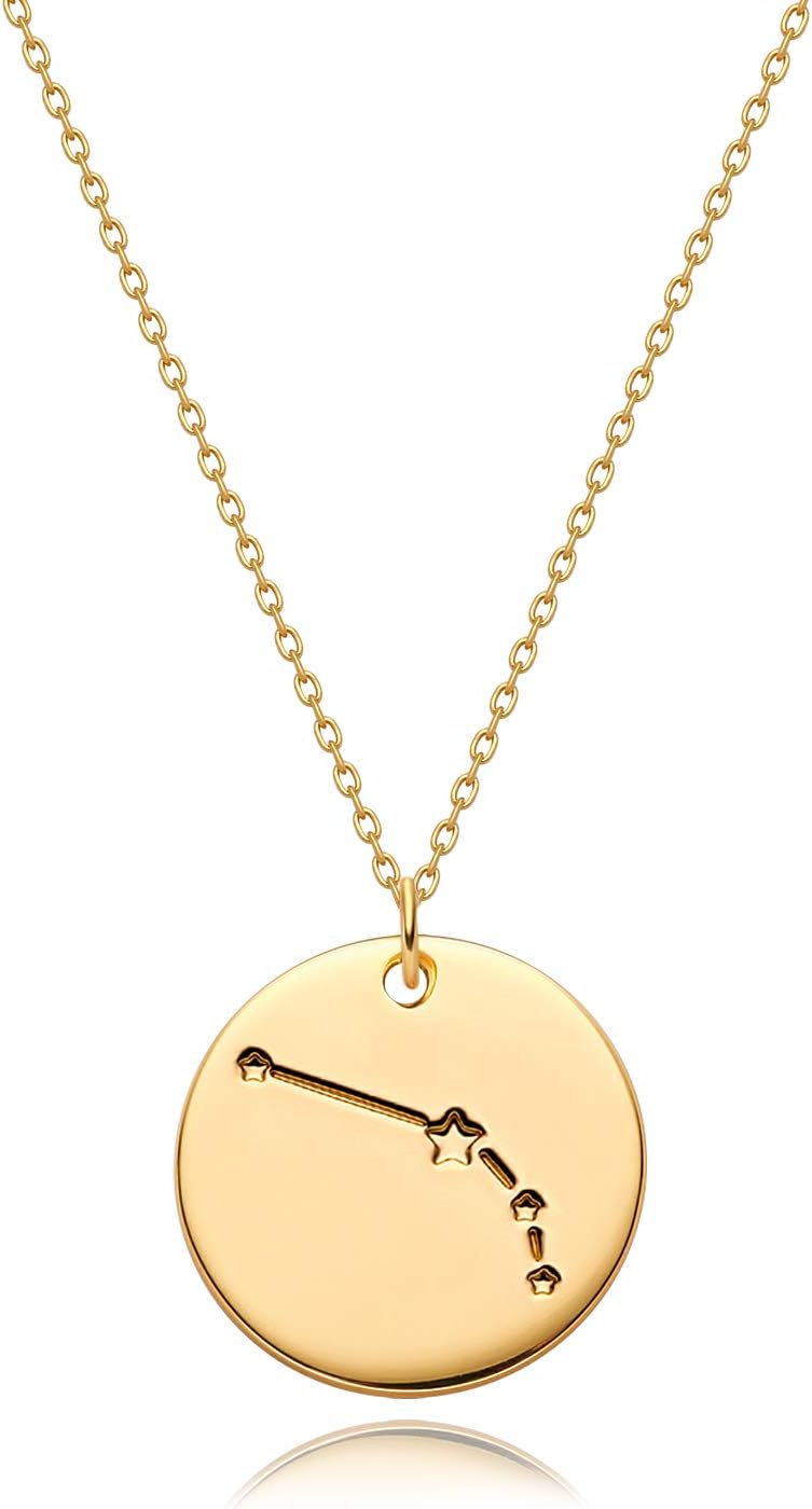 Gold Necklace Coin Disc Zodiac 12 Constellation Star Connected Engraved Horoscope Sign Astrology Pendant 18K Gold Plated Chain Dainty Personalized Simple Jewelry