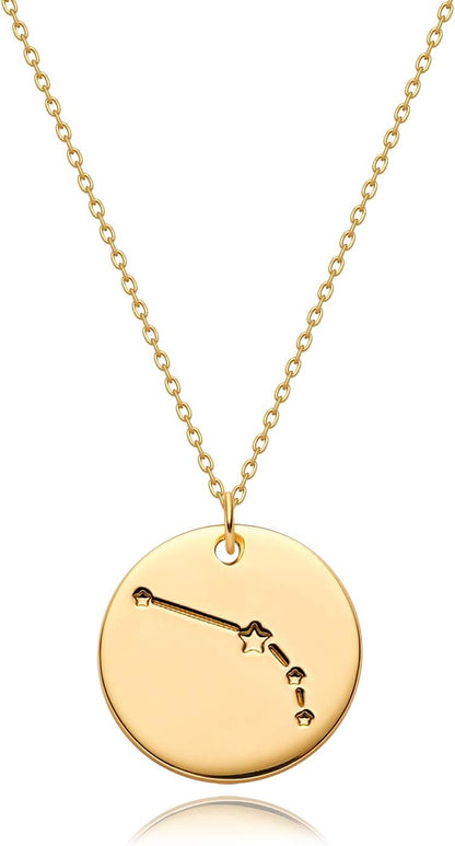 Gold Necklace Coin Disc Zodiac 12 Constellation Star Connected Engraved Horoscope Sign Astrology Pendant 18K Gold Plated Chain Dainty Personalized Simple Jewelry