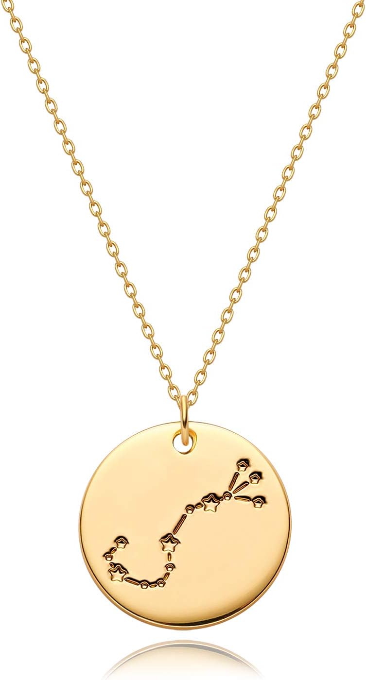 Gold Necklace Coin Disc Zodiac 12 Constellation Star Connected Engraved Horoscope Sign Astrology Pendant 18K Gold Plated Chain Dainty Personalized Simple Jewelry
