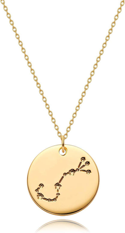 Gold Necklace Coin Disc Zodiac 12 Constellation Star Connected Engraved Horoscope Sign Astrology Pendant 18K Gold Plated Chain Dainty Personalized Simple Jewelry