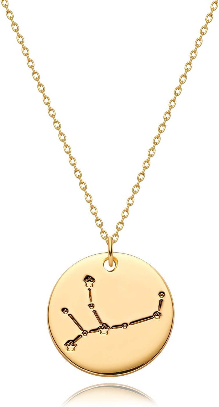 Gold Necklace Coin Disc Zodiac 12 Constellation Star Connected Engraved Horoscope Sign Astrology Pendant 18K Gold Plated Chain Dainty Personalized Simple Jewelry