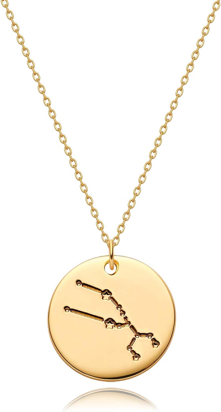 Gold Necklace Coin Disc Zodiac 12 Constellation Star Connected Engraved Horoscope Sign Astrology Pendant 18K Gold Plated Chain Dainty Personalized Simple Jewelry