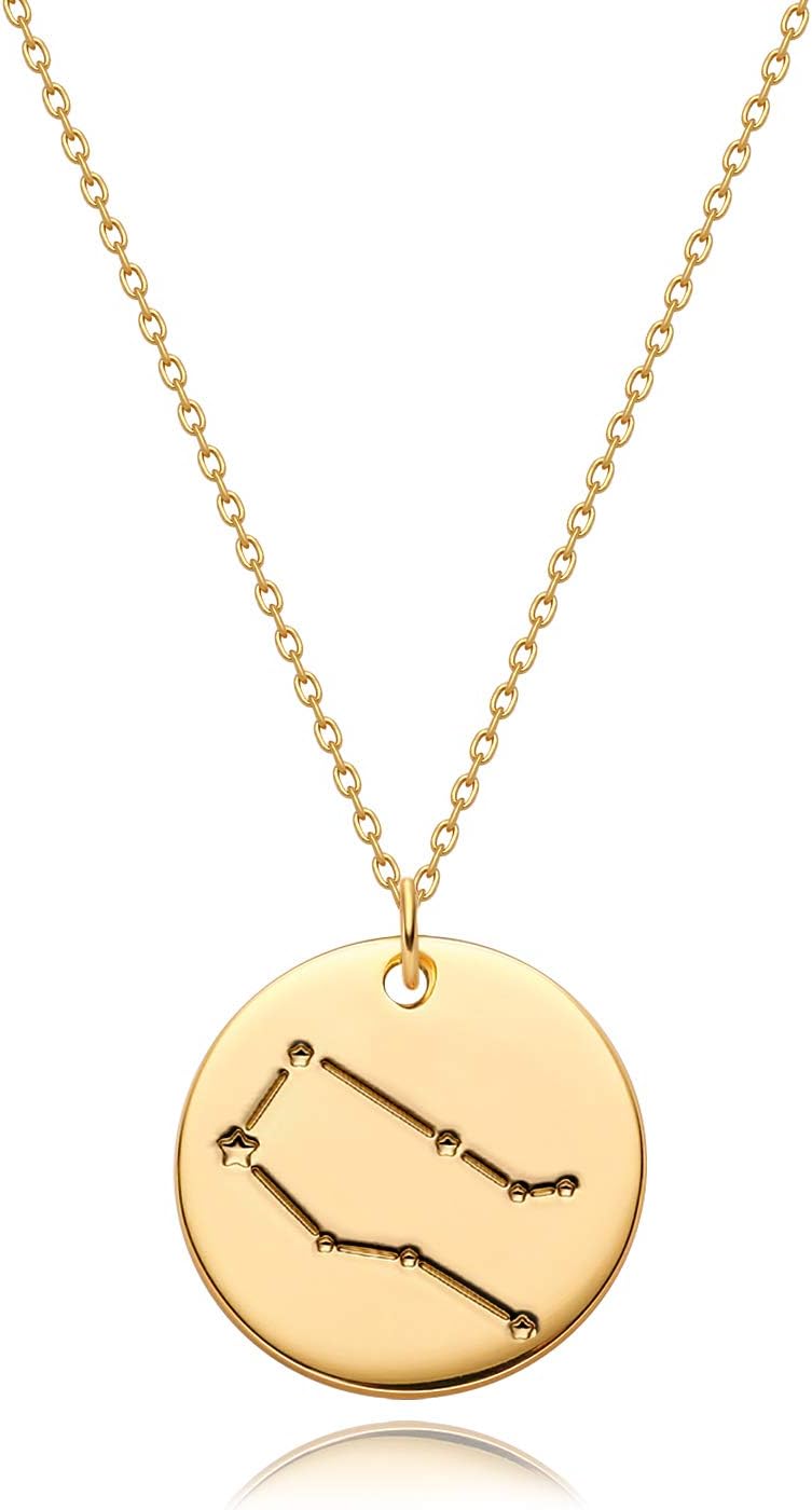 Gold Necklace Coin Disc Zodiac 12 Constellation Star Connected Engraved Horoscope Sign Astrology Pendant 18K Gold Plated Chain Dainty Personalized Simple Jewelry