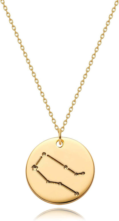 Gold Necklace Coin Disc Zodiac 12 Constellation Star Connected Engraved Horoscope Sign Astrology Pendant 18K Gold Plated Chain Dainty Personalized Simple Jewelry