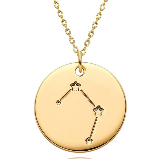 Gold Necklace Coin Disc Zodiac 12 Constellation Star Connected Engraved Horoscope Sign Astrology Pendant 18K Gold Plated Chain Dainty Personalized Simple Jewelry